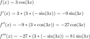 \displaystyle\\f(x)=3\cos(3x)\\\\f'(x)=3*(3*(-\sin(3x))=-9\sin(3x)\\\\f''(x)=-9*(3*\cos(3x))=-27\cos(3x)\\\\f'''(x)=-27*(3*(-\sin(3x))=81\sin(3x)