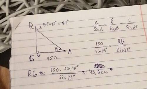 Итак, имеется прямоугольный треугольник AG=150sm Угол A=17 градусам Угол G=90 градусам Найти сторон