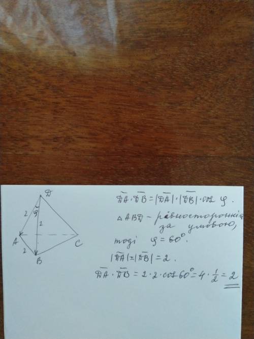 Ребро правильного тетраедра DABC дорівнює 2. Чому дорівнює скалярний добуток векторів DA і DB ?Нужна