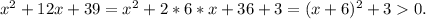 x^2+12x+39=x^2+2*6*x+36+3=(x+6)^2+30.\\