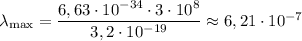 \lambda_{\max} = \dfrac{6,63 \cdot 10^{-34} \cdot 3 \cdot 10^{8}}{3,2 \cdot 10^{-19}} \approx 6,21 \cdot 10^{-7}