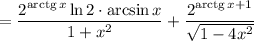 = \dfrac{2^{\text{arctg} \, x} \ln 2 \cdot \arcsin x}{1 + x^{2}} + \dfrac{2^{\text{arctg} \, x + 1}}{\sqrt{1 - 4x^{2}}}