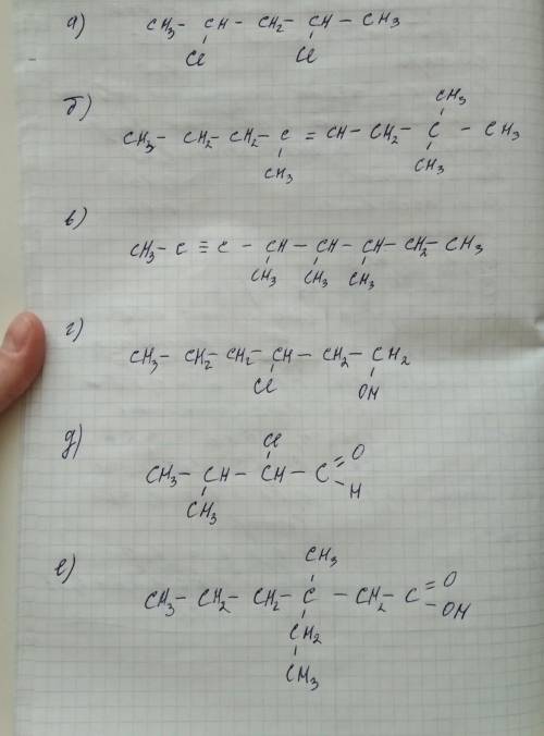 Составьте формулы по названиям: а) 2,4-дихлорпентан б) 2,2,5-триметилоктен-4 в) 4,5,6-триметилоктин-