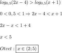 log_{0,5}(2x-4)log_{0,5}(x+1)\\\\0<0,5<1 \Rightarrow 2x-4<x+1\\\\2x-x<1+4\\\\x<5\\\\Otvet:\boxed{x\in(2;5)}