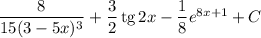 \dfrac{8}{15(3 - 5x)^{3}} + \dfrac{3}{2} \, \text{tg}\, 2x - \dfrac{1}{8} e^{8x + 1} + C