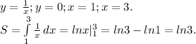 y=\frac{1}{x};y=0;x=1;x=3.\\ S=\int\limits^3_1 {\frac{1}{x} } \, dx=lnx|_1^3 =ln3-ln1=ln3.\\