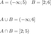 \displaystyle\\A=(-\infty;5)\ \ \ B=[2;6]\\\\\\A\cup B=(-\infty;6]\\\\A\cap B=[2;5)