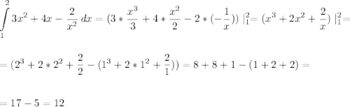 \displaystyle\\\int\limits^2_1 {3x^2+4x-\frac{2}{x^2} } \, dx =(3*\frac{x^3}{3}+4*\frac{x^2}{2}-2*(-\frac{1}{x}))\mid^2_1=(x^3+2x^2+\frac{2}{x})\mid^2_1=\\\\\\=(2^3+2*2^2+\frac{2}{2}-(1^3+2*1^2+\frac{2}{1}))=8+8+1-(1+2+2)=\\\\\\=17-5=12