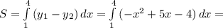 S = \int\limits^4_1 {(y_{1}-y_{2} )} \, dx = \int\limits^4_1 {(-x^{2} +5x -4 )} \, dx =