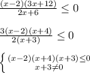 \frac{(x-2)(3x+12)}{2x+6}\leq0\\\\\frac{3(x-2)(x+4)}{2(x+3)}\leq0\\\\\left \{ {{(x-2)(x+4)(x+3)\leq0 } \atop {x+3\neq0 }} \right.