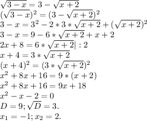 \sqrt{3-x}=3-\sqrt{x+2} \\(\sqrt{3-x})^2=(3-\sqrt{x+2})^2 \\3-x=3^2-2*3*\sqrt{x+2}+(\sqrt{x+2})^2\\3-x=9-6*\sqrt{x+2} +x+2\\2x+8=6*\sqrt{x+2}|:2\\ x+4=3*\sqrt{x+2} \\ (x+4)^2=(3*\sqrt{x+2})^2 \\x^2+8x+16=9*(x+2)\\x^2+8x+16=9x+18\\x^2-x-2=0\\D=9;\sqrt{D} =3.\\x_1=-1;x_2=2.