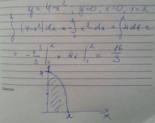 Вычислите площадь фигуры (S), ограниченной линиями у = 4 – х2, у = 0, х = 0, х = 2.