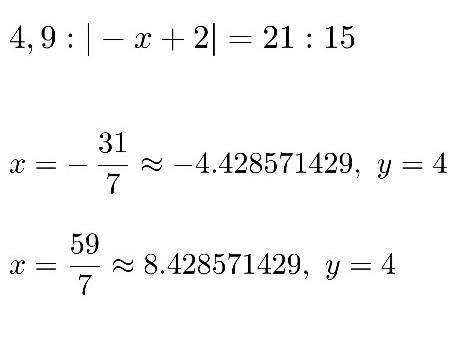 4,9:|-х+2|=21:15 чему равен х​