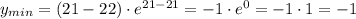 y_{min}=(21-22)\cdot e^{21-21} = -1\cdot e^{0} = -1 \cdot 1 = -1