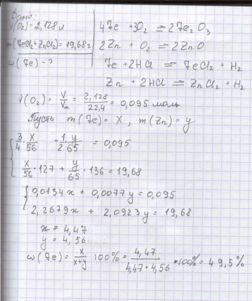 На полное окисление смеси Fe, Zn потребовался O2 объемом 2.128 дм3(железо окисляется до степени окис