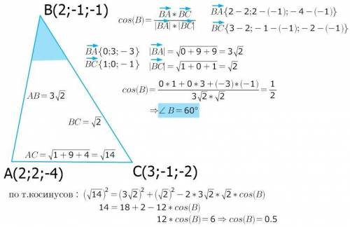 Знайдіть величину кута В трикутника АВС, якщо А (2; 2; -4), В(2; - 1; - 1), С