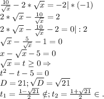 \frac{10}{\sqrt{x} } -2*\sqrt{x} =-2|*(-1)\\2*\sqrt{x} -\frac{10}{\sqrt{x} } =2\\2*\sqrt{x} -\frac{10}{\sqrt{x} } -2=0|:2\\\sqrt{x} -\frac{5}{\sqrt{x} } -1=0\\x-\sqrt{x} -5=0\\\sqrt{x}=t \geq 0\Rightarrow\\ t^2-t-5=0\\D=21;\sqrt{D}=\sqrt{21}\\ t_1=\frac{1-\sqrt{21} }{2} \notin;t_2=\frac{1+\sqrt{21} }{2} \in.\\