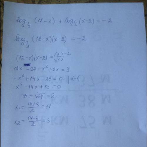 Решите уравнение log1/3(12-x)+log1/3(x-2)= - 2​