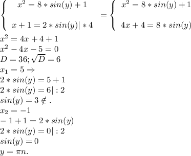 \left\{\begin{array}{ccc}x^2=8*sin(y)+1\\\\x+1=2*sin(y)|*4\end{array}\right=\left\{\begin{array}{ccc}x^2=8*sin(y)+1\\\\4x+4=8*sin(y)\end{array}\right\\\\x^2=4x+4+1\\x^2-4x-5=0\\D=36;\sqrt{D}=6\\ x_1=5\Rightarrow\\2*sin(y)=5+1\\2*sin(y)=6|:2\\sin(y)=3\notin.\\x_2=-1\\-1+1=2*sin(y)\\2*sin(y)=0|:2\\sin(y)=0\\y=\pi n.