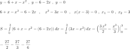y=6+x-x^2\ ,\ y=6-2x\ ,\ y=0\\\\6+x-x^2=6-2x\ \ ,\ \ \ x^2-3x=0\ \ ,\ \ x(x-3)=0\ ,\ x_1=0\ ,\ x_2=3\\\\\\S=\int\limits^3_0\, (6+x-x^2-(6-2x))\, dx=\int\limits^3_0\, (3x-x^2)\, dx=\Big(\dfrac{3\, x^2}{2}-\dfrac{x^3}{3}\Big)\Big|_0^3=\\\\\\=\dfrac{27}{2}-\dfrac{27}{3}=\dfrac{27}{6}