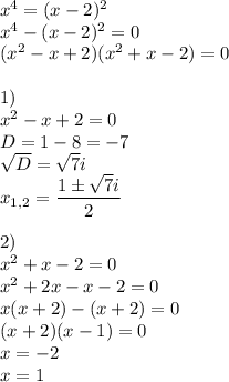 x^4=(x-2)^2\\x^4-(x-2)^2=0\\(x^2-x+2)(x^2+x-2)=0\\\\1)\\x^2-x+2=0\\D=1-8=-7\\\sqrt{D}=\sqrt{7}i\\x_{1,2}=\dfrac{1\pm\sqrt{7}i}{2}\\\\2)\\x^2+x-2=0\\x^2+2x-x-2=0\\x(x+2)-(x+2)=0\\(x+2)(x-1)=0\\x=-2\\x=1