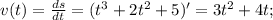 v(t) = \frac{ds}{dt} = (t^3+2t^2+5)' = 3t^2 + 4t;
