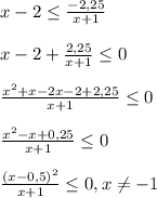 x-2\leq \frac{-2,25}{x+1}\\\\x-2+\frac{2,25}{x+1}\leq 0\\\\\frac{x^{2}+x-2x-2+2,25 }{x+1}\leq 0\\\\\frac{x^{2}-x+0,25 }{x+1}\leq0\\\\\frac{(x-0,5)^{2}}{x+1}\leq0,x\neq -1