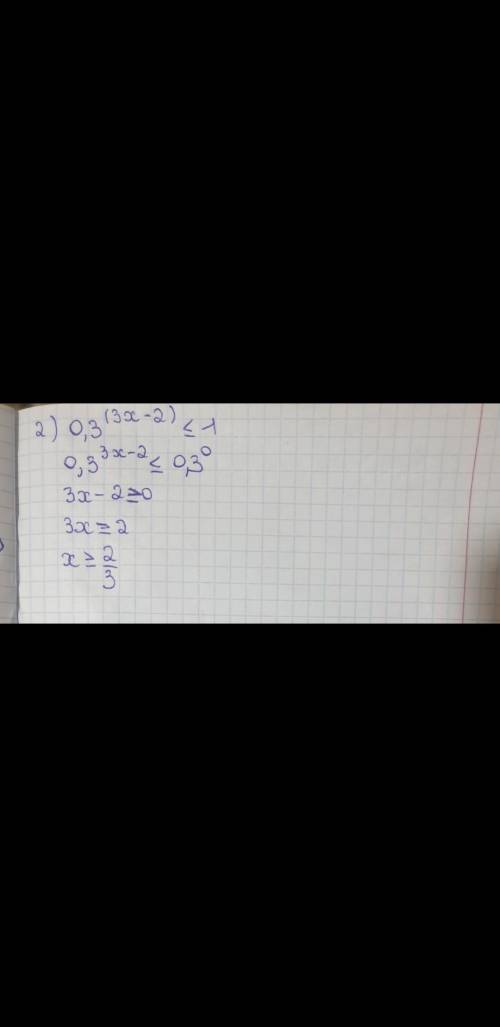 Решите неравенства 1)log8(6x+1)>=log8(7x-3) 2)0,3^(3x-2)<=1