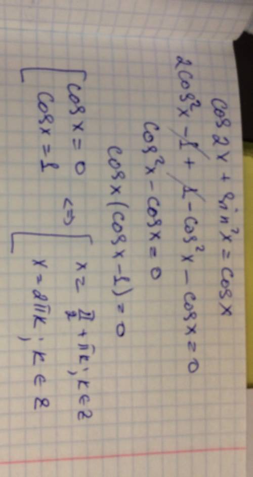 Найдите решение уравнения cos2x+sin^2x = cos x