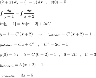 (2+x)\, dy=(1+y)\, dx\ \ ,\ \ y(0)=5\\\\\int \dfrac{dy}{y+1}=\int \dfrac{dx}{x+2}\\\\ln|y+1|=ln|x+2|+lnC\\\\y+1=C\, (x+2)\ \ \ \Rightarrow \ \ \ \underline {y_{obshee}=C\, (x+2)-1}\ \ ,\\\\\underline {y_{obshee}=Cx+C^*}\ \ ,\ \ \ C^*=2C-1\\\\y(0)=5:\ \ \ 5=C\, (0+2)-1\ \ ,\ \ 6=2C\ \ ,\ \ C=3\\\\y_{chastn.}=3\, (x+2)-1\\\\\underline{\ y_{chastn.}=3x+5\ }