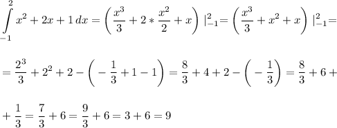 \displaystyle\\\int\limits^2_{-1} {x^2+2x+1} \, dx =\bigg(\frac{x^3}{3}+2*\frac{x^2}{2}+x\bigg)\mid^2_{-1}= \bigg(\frac{x^3}{3}+x^2+x\bigg)\mid^2_{-1}=\\\\\\=\frac{2^3}{3}+2^2+2-\bigg(-\frac{1}{3}+1-1\bigg)=\frac{8}{3}+4+2-\bigg(-\frac{1}{3}\bigg)=\frac{8}{3}+6+\\\\\\+\frac{1}{3}=\frac{7}{3}+6=\frac{9}{3}+6=3+6=9