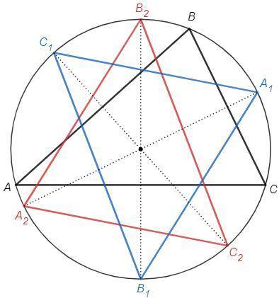 Точки A2, B2, C2 — середины дуг BAC, ABC, ACB описанной окружности треугольника ABC соответственно.