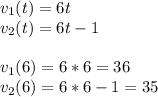 v_{1}(t)=6t\\v_{2}(t)=6t-1\\\\v_{1}(6)=6*6=36\\v_{2}(6)=6*6-1=35\\\\