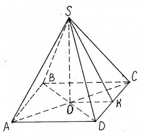 В правильной четырехугольной пирамиде боковое ребро равно 8 дм и составляет с плоскостью основания у