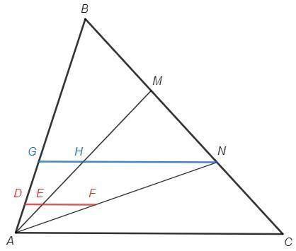 Точки M и N делят сторону BC треугольника ABC на три равные части, причём M лежит ближе к B. Прямая,