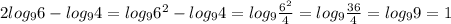 2log_{9}6 - log_{9} 4 = log_{9}6^{2} - log_{9} 4 = log_{9} \frac{6^{2} }{4} = log_{9} \frac{36}{4} = log_{9} 9 = 1