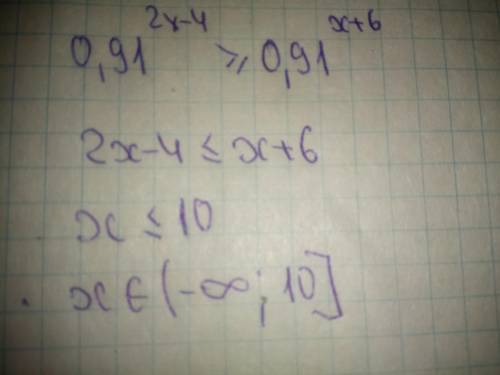 Решите неравенство 0,912x−4≥0,91x+6