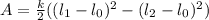 A = \frac{k}{2} ((l_{1} - l_{0})^{2} - (l_{2} - l_{0})^{2})