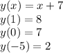 y(x)=x+7\\y(1)=8\\y(0)=7\\y(-5)=2