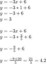 y=-3x+6\\y=-3*1+6\\y=-3+6\\y=3\\\\y=-3x+6\\y=-3*\frac{3}{5} +6\\\\y=-\frac{9}{5} +6\\\\y=\frac{-9+30}{5} =\frac{21}{5} =4.2