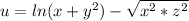u=ln(x+y^2)-\sqrt{x^2*z^2}
