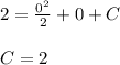 2 = \frac{0^2}{2} + 0 + C\\\\C = 2