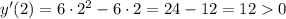 y'(2) = 6 \cdot 2^{2} - 6\cdot 2 = 24 - 12 = 12 0