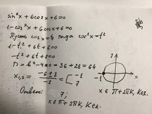 Решить уравнение sin^2X+6cosx+6=0