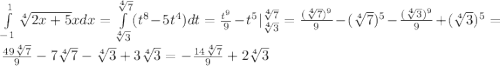 \int\limits_{-1}^{1} \sqrt[4]{2x+5}xdx = \int\limits_{\sqrt[4]{3}}^{\sqrt[4]{7}}(t^8-5t^4)dt = \frac{t^9}{9} - t^5|^{\sqrt[4]{7}}_{\sqrt[4]{3}} = \frac{(\sqrt[4]{7})^9}{9} - (\sqrt[4]{7})^5-\frac{(\sqrt[4]{3})^9}{9} + (\sqrt[4]{3})^5 = \frac{49\sqrt[4]{7}}{9} - 7\sqrt[4]{7}-\sqrt[4]{3}+3\sqrt[4]{3} = -\frac{14\sqrt[4]{7}}{9}+2\sqrt[4]{3}