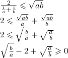\frac{2}{ \frac{1}{a} + \frac{1}{b} } \leqslant \sqrt{ab} \\ 2 \leqslant \frac{ \sqrt{ab} }{a} + \frac{ \sqrt{ab} }{b} \\ 2 \leqslant \sqrt{ \frac{b}{a} } + \sqrt{ \frac{a}{b} } \\ \sqrt{ \frac{b}{a} } - 2+ \sqrt{ \frac{a}{b} } \geqslant 0
