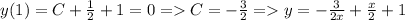 y(1)=C + \frac{1}{2}+1 = 0 = C = -\frac{3}{2} = y=-\frac{3}{2x}+\frac{x}{2}+1