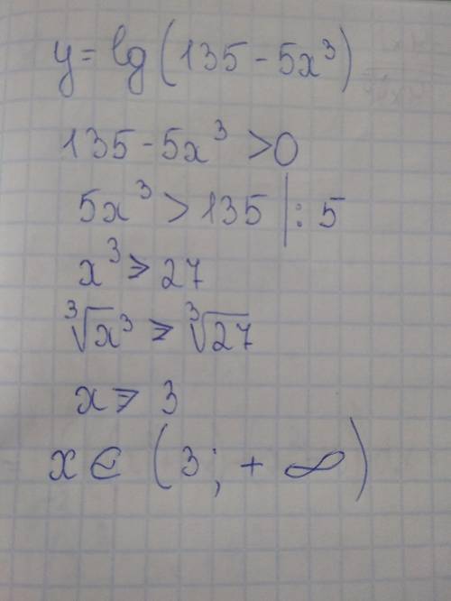 Найдите область определения функции: у=lg(135-5x^3)