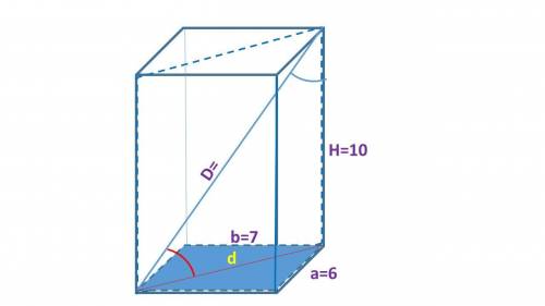 Сторона основания прямоугольного параллелепипеда равна 6 см и 7 см, а высота 10 см. найдите диагонал