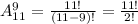 A^9_{11} = \frac{11!}{(11-9)!} = \frac{11!}{2!}